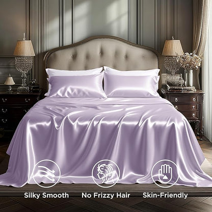 Bedsure Satin Sheets King Size - 4 Piece Silky Bedsheets with 15 Inches Deep Pocket Fitted Bedsheet,1 Flat Sheet, 2 Satin Pillowcases, Good for Hair & Skin (King, Lavender)