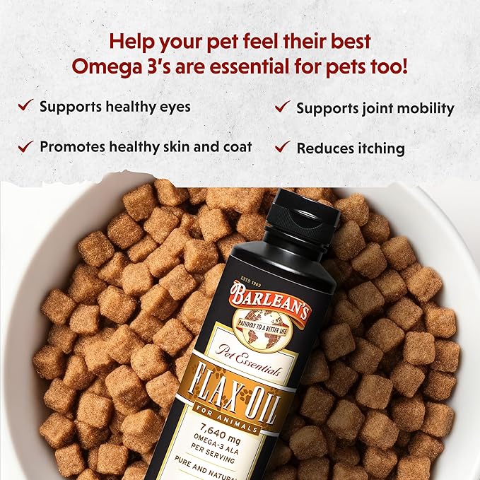 Barlean's Flaxseed Oil for Animals, Pet Essential Liquid Omega 3 Fatty Acids Cat and Dog Oil Supplements for Skin and Coat, Omega 3 for Dogs, Cats and Other Pets, 12 oz