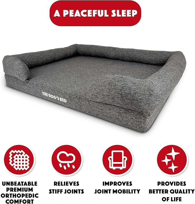 The Dog’s Bed Orthopedic Memory Foam Dog Bed with Bolsters for XL Dogs, Waterproof Washable Cover, Anti-Slip Base, Calming Surface – CertiPUR-Certified Foam, Largeinen Fabric, Grey Linen, XL