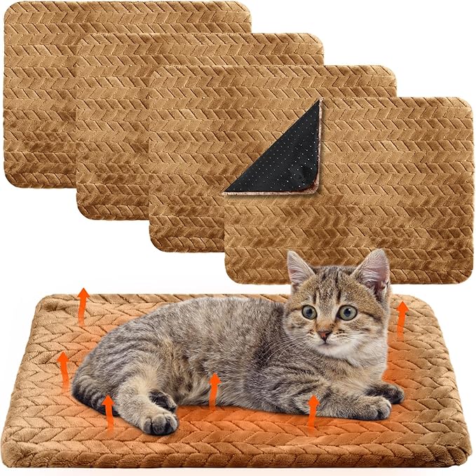 Drydiet 4 Pack Self Warming Cat Bed Mat Self Heating Pad for Dog Extra Warm Winter Pet Pad Washable Thermal Pads Mats for Pets Indoor Outdoor(Camel,16 x 20 Inch)