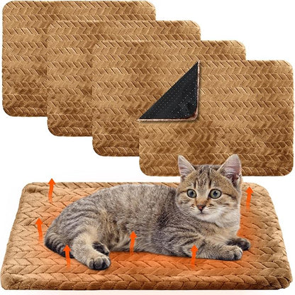 Drydiet 4 Pack Self Warming Cat Bed Mat Self Heating Pad for Dog Extra Warm Winter Pet Pad Washable Thermal Pads Mats for Pets Indoor Outdoor(Camel,16 x 20 Inch)