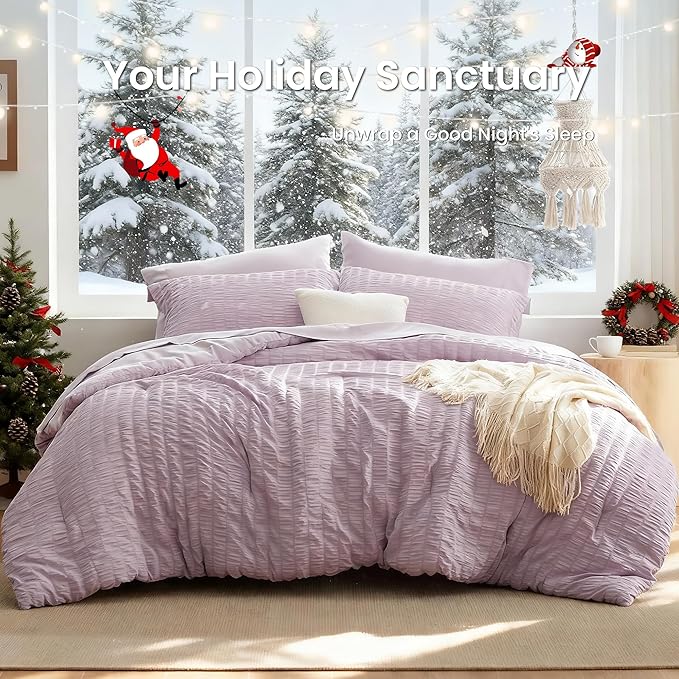 Love's cabin Seersucker Lavender Full Comforter Set, 7-Piece All Season Lightweight Bed in a Bag Bedding Set with Comforter, Flat Sheet, Fitted Sheet, Pillowcases and Shams | Soft, Breathable, Lightweight