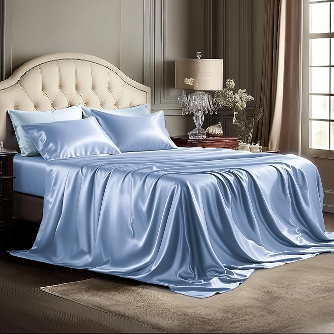 Bedsure Satin Sheets Queen Size - 4 Piece Silky Bedsheets with 15 Inches Deep Pocket Fitted Bedsheet,1 Flat Sheet, 2 Satin Pillowcases, Good for Hair & Skin (Queen, Sky Blue)