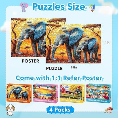Puzzles for Kids Ages 6-8 8-10 Year Old - Elephants, Farm, Beach, Dogs, Large Piece Puzzles for Seniors Adults 100 Pieces Jigsaw Puzzle for Kids Ages 4-6, Learning Educational Toys