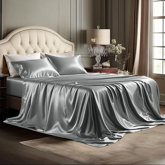 Bedsure Satin Sheets King Size - 4 Piece Silky Bedsheets with Elastic Corner Straps and 15 Inches Deep Pocket Fitted Bedsheet,1 Flat Sheet, 2 Satin Pillowcases, Good for Hair & Skin (King, Dark Grey)