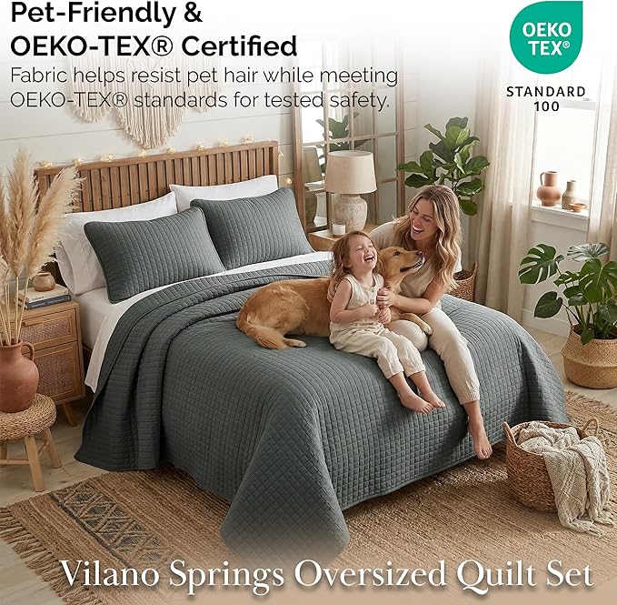 Southshore Fine Living, Inc. Summer Bedspreads Queen Size Set, Full/Queen Quilt Bedspread with 2 Matching Pillow Shams, Soft Microfiber Comforter Set, Lightweight Quilts Coverlet, Slate Grey Quilts