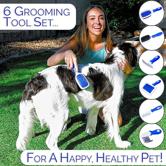 6 In 1 Premium Dog Brush Set - Dog Grooming Brushes - Ball Pin & Bristle Brush, Curved Blade Dematting Comb, Slicker Brush, Deshedding Edge Comb, Detangling Pet Comb