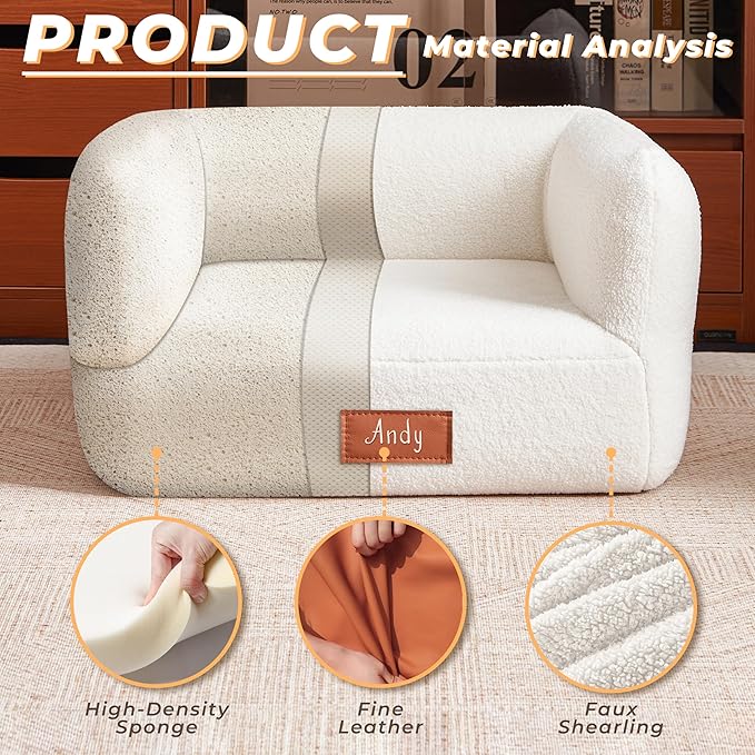White Faux Shearling Dog Couch Bed for Small Dogs Cats Under 35 lbs, 25.6 Inch Modern Elevated Cat Sofa with Leather Nameplate, Indoor Furniture Style Cute Raised Pet Sofa Bed (Small)