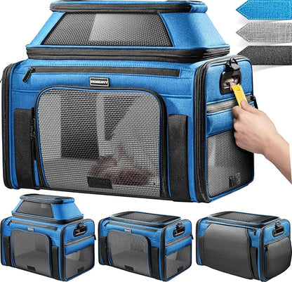 Top-Expandable Pet Carrier with Treat & Pet Window,17x11x9.5 Inch Alaska Hawaiian Airline Approved,Soft-Sided Dog Carrier for Small Dogs and Cats,Travel Cat Carrier with Locking Safety Zippers,Blue