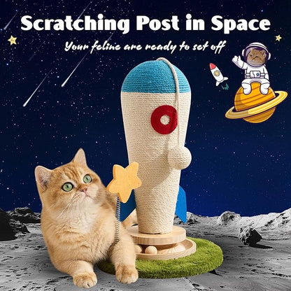 Cat Scratching Post, Rocket Cute Sisal Cat Scratcher with Durable Solid Wood Turntable Toy, Cat Scratch Post Red Cat Scratcher with Spinning Star Toy for Indoor Adult Cats