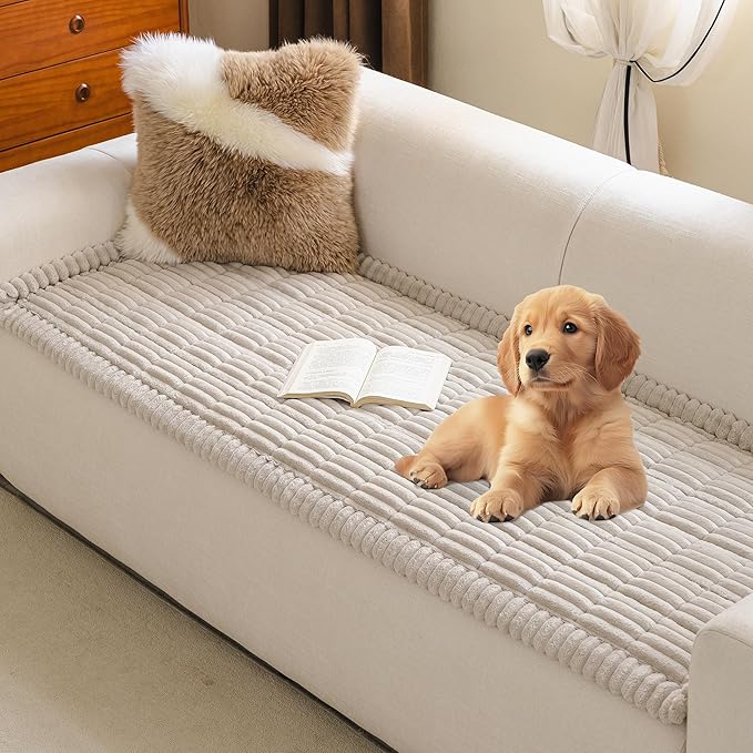 MYSKY HOME Couch Covers for 3 Cushion Sofa Pet Friendly, Couch Cover for Dogs, Sofa Covers for Pets Washable, Soft Non-Slip Sofa Slipcovers Furniture Protector Covers, Oatmeal, 27.6" x 70.9"