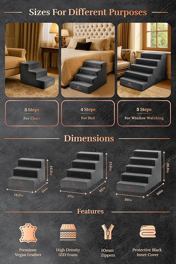 Noah & Paw Dog Stairs, Dog Ramp for Bed (16" Extra Wide) Pet Stairs for High Bed, Design to Fit Small and Large Breeds, Durable 3 Pet Steps for Couch (35 Foam Density) Leather Collection