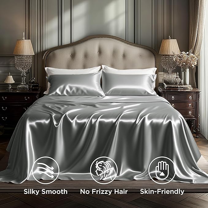 Bedsure Satin Sheets Full Size - 4 Piece Silky Bedsheets with Elastic Corner Straps and 15 Inches Deep Pocket Fitted Bedsheet,1 Flat Sheet, 2 Satin Pillowcases, Good for Hair & Skin (Full, Dark Grey)