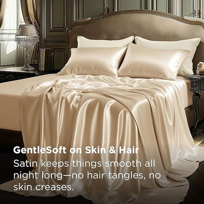 Bedsure Satin Sheets King Size - 4 Piece Silky Bedsheets with Elastic Corner Straps and 15 Inches Deep Pocket Fitted Bedsheet,1 Flat Sheet, 2 Satin Pillowcases, Good for Hair & Skin (King, Champagne)