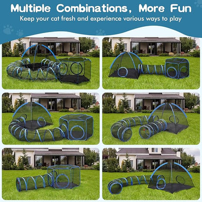 Outdoor Cat Enclosure, 4-in-1 Cat Tent Outdoor Pet Playpen with Tunnel, Portable Catio Play Pen for Outside and Indoor Cat Enclosure with Storage Bag for Kitty and Small Animals