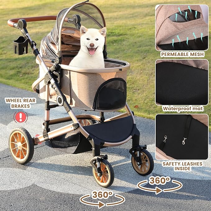 Bicystar Pet Stroller for Medium Dogs, Smooth-Ride Dog Stroller with Detachable Carrier, Rubber Wheels, Car Seat Combo 3-in-1, Up to 50 lbs, for Senior Dogs & Cats, Tan