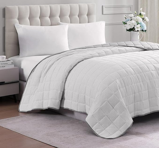 Casa Platino Full Size Blanket – Quilted & Reversible Microfiber Bedding, Lightweight Down Alternative Fill, Pre-Washed for Soft Comfort – Ticking Stripe Silver