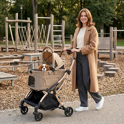 Auto-Folding Pet Stroller with Detachable Carrier, One-Hand Fold Frame & Carrier, Supports up to 33 lbs, Beige