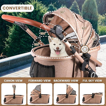 Bicystar Pet Stroller for Medium Dogs, Smooth-Ride Dog Stroller with Detachable Carrier, Rubber Wheels, Car Seat Combo 3-in-1, Up to 50 lbs, for Senior Dogs & Cats, Tan