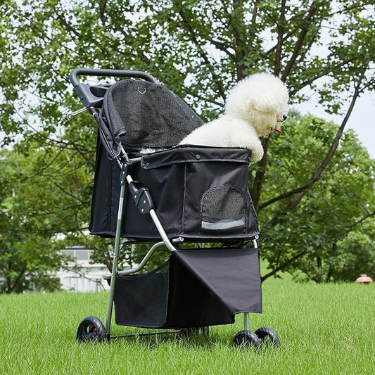 3 Wheel Pet Stroller for Dogs and Cats, Foldable, Lightweight and Durable, Ideal for Small to Medium Pets, Includes Storage Basket and Cup Holders