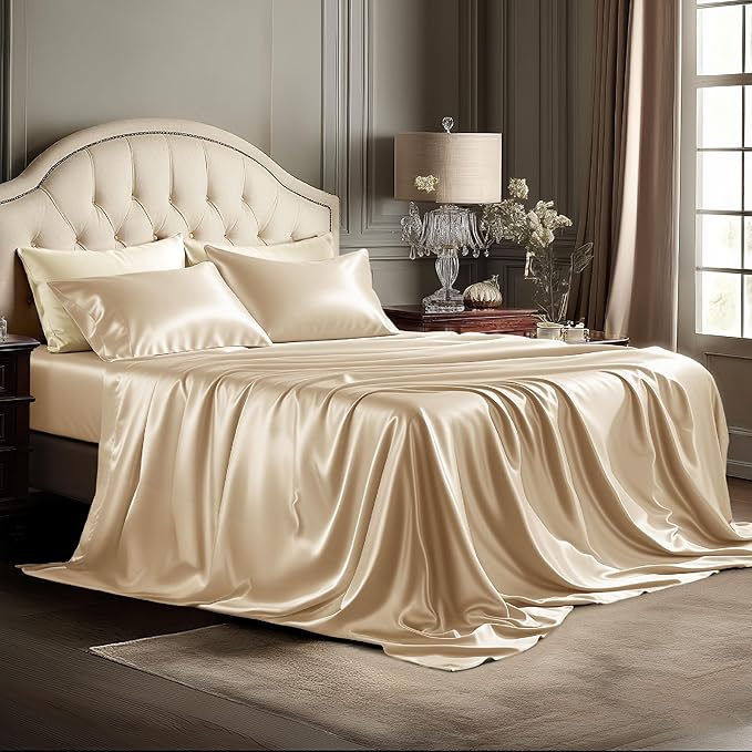Bedsure Satin Sheets Queen Size - 4 Piece Silky Bedsheets with Elastic Corner Straps and 15 Inches Deep Pocket Fitted Bedsheet,1 Flat Sheet, 2 Satin Pillowcases, Good for Hair & Skin (Queen,Champagne)