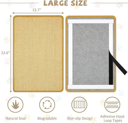 Graciadeco Carpet Cat Scratching Mat Sisal, 2 Packs Sisal Fabric Large 23.6" x 15.7" Scratching Pad for Indoor Cats with Adhesive Hook Loop Tape, Cat Scratching Rug Wall Scratchers for Indoor