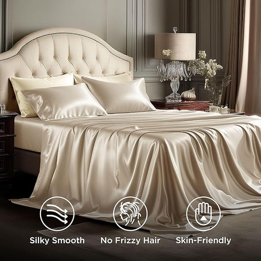 Bedsure Satin Sheets Queen Size - 4 Piece Silky Bedsheets with 15 Inches Deep Pocket Fitted Bedsheet,1 Flat Sheet, 2 Satin Pillowcases, Good for Hair & Skin (Queen, Khaki)