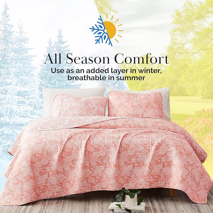 Southshore Fine Living, Inc. Paisley Quilt Queen Size Bedding Set, Summer Coverlet, Boho Bedspread, 3-Piece Farmhouse Bedding with Two Matching Pillow Shams, Full/Queen Bed Set, Reversible Coral