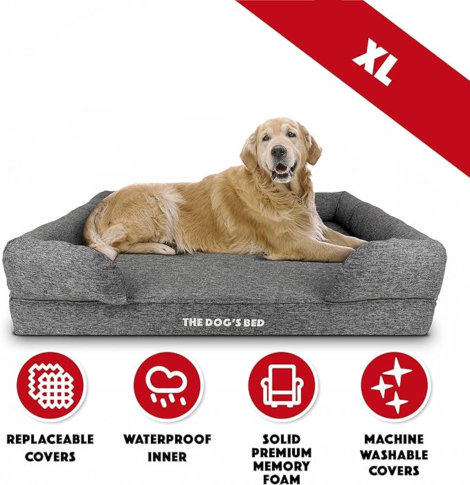The Dog’s Bed Orthopedic Memory Foam Dog Bed with Bolsters for XL Dogs, Waterproof Washable Cover, Anti-Slip Base, Calming Surface – CertiPUR-Certified Foam, Largeinen Fabric, Grey Linen, XL