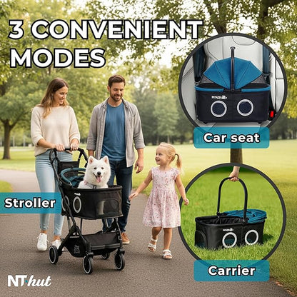Dog Stroller for Small Medium Dogs & Cats Up to 50 lbs – NTHUT WagZee Foldable Pet Stroller with 360° Mesh Windows, One-Click Fold, Reflective Trim, Storage Basket & Cup Holder (Black Teal)