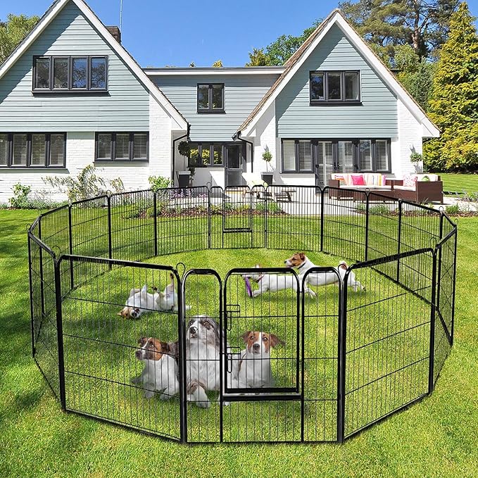 Giantex 48 inch Dog Fence with Door, 16/8 Panels Dog Playpen for Outside Large Dogs, Portable Pet Playpen Fencing Enclosures, Heavy Duty Metal Camping Fences for The Yard (16 Panels, 48 inch)