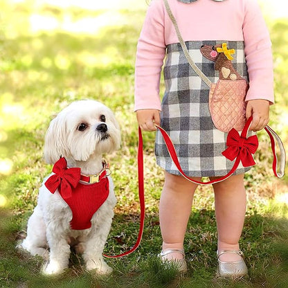 Didog Cute Small Dog Harness Collar and Leash Set with Bowtie, Breathable Soft Mesh Padded Puppy Harness, Christmas Dog Harness for for Parties, Holiday Gatherings & Gifts, Red, S