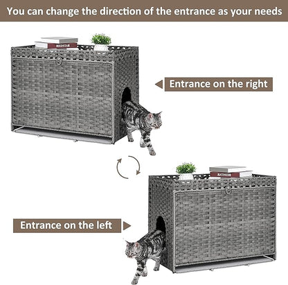 Cat Litter Box Enclosure with Soft Litter Mat; Hidden Kitten Washroom Furniture with Door; Handwoven Rattan Cat House with Large Space; Pet Crate for Living Room, Bedroom, Balcony (Grey)