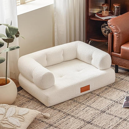 White Faux Shearling Dog Couch Bed for Large Dogs Under 70 lbs, 33.9 Inch Modern Tufted Elevated Dog Sofa with Leather Nameplate, Indoor Furniture Style Cute Raised Pet Sofa Bed (Large)
