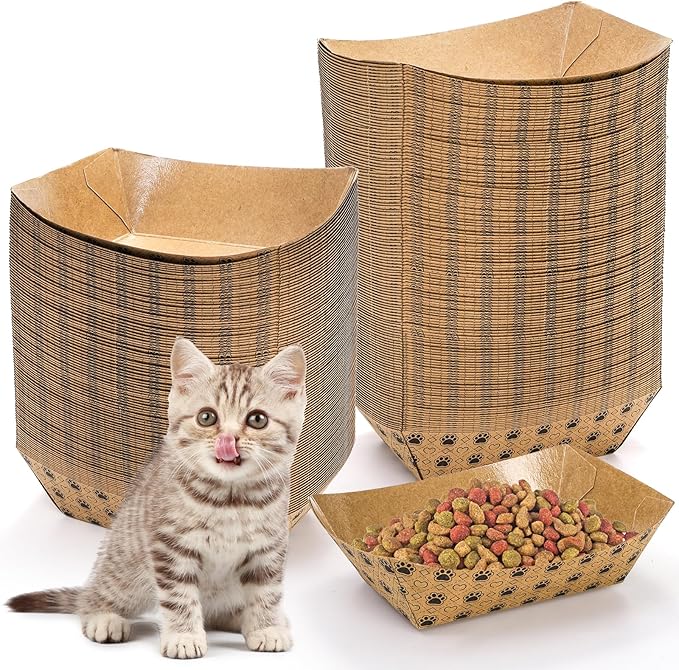 SOUJOY 100 Pack Disposable Pets Feeding Bowls, 2 lb Paper Travel Cat Food Bowl, Boat Foot Print Design Food Serving Trays for Wet and Dry Food, Small Dog Puppy, Cat