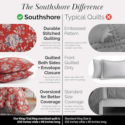 Southshore Fine Living, Inc. Oversized King Quilt Bedding Set, Jacobean Willow Floral Quilt Set with 2 Matching Pillow Shams, Lightweight California King Bed Spread, Soft Microfiber Fabric, Red