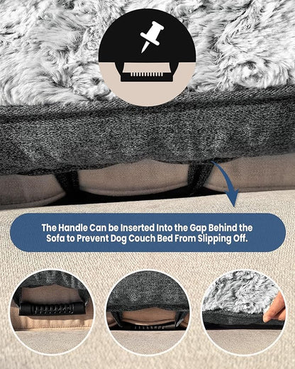 Calming Large Dog Bed for Couch, 41 x 37 inch Removable Couch Cover for Dogs Washable, Non-Slip Fluffy Plush Dog Sofa Mat for Furniture Protector - Grey
