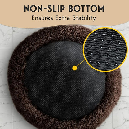 PetJett Dog Beds Large Sized Dog - 36'' Calming Round Bed, Anti-Slip & Washable Super Soft Donut Bed, Fluffy Faux Fur Anti-Anxiety Premium Comfort Pet Bed, Fits Dogs up to 80 lbs - Brown