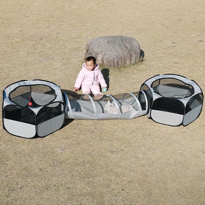 Outdoor Cat Enclosure,Cat Playground Tent for Outdoor and Indoor Playpen Portable Cat Tunnels, Foldable Cat Tubes Toys for Kitten, Puppy, Rabbit and Small Animals(2 Small Hexagonal Cubes+Tunnel)