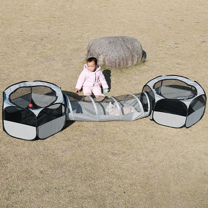 Outdoor Cat Enclosure,Cat Playground Tent for Outdoor and Indoor Playpen Portable Cat Tunnels, Foldable Cat Tubes Toys for Kitten, Puppy, Rabbit and Small Animals(2 Small Hexagonal Cubes+Tunnel)