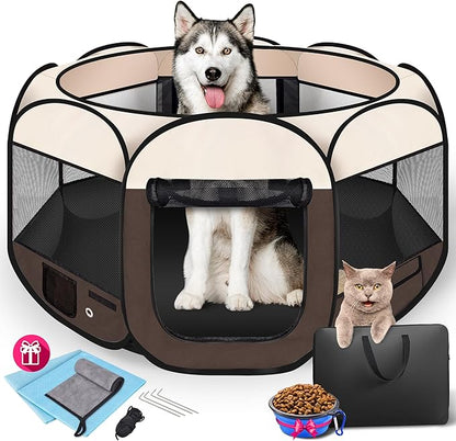 Dog Playpen 45", HOMAGICO Pet Playpen for Indoor Cats Enclosed, Portable Dog Cage Outdoor Tent Crate with Carrying Case, Water-Resistant and Removable Shade Cover,Brown