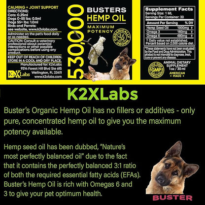 Busters Organic Hemp Oil 530,000 2pack 2month Supply for Dogs and Cats Made in USA Omega Rich 3 6 and 9 Hip & Joint Health Natural Soothing Relief