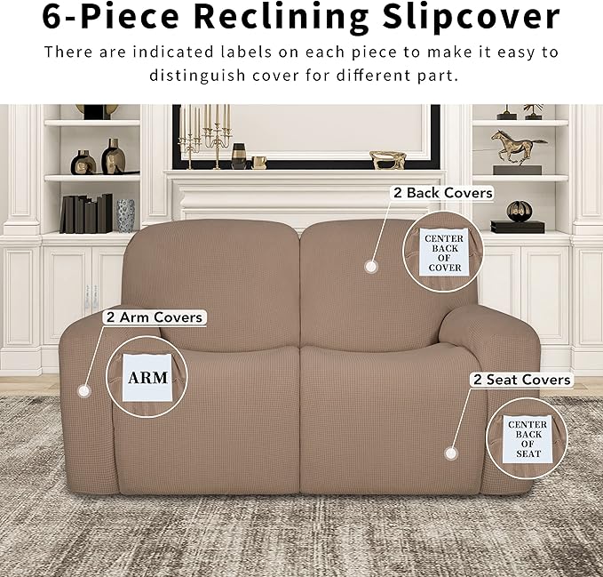 Easy-Going 100% Dual Waterproof Recliner Loveseat Cover, 6-Pieces Stretch Relining Sofa Cover with Pocket, Jacquard 2 Seat Sofa Slipcover Leakproof Washable (Loveseat, Camel)