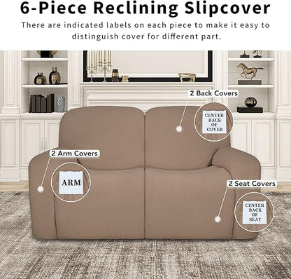 Easy-Going 100% Dual Waterproof Recliner Loveseat Cover, 6-Pieces Stretch Relining Sofa Cover with Pocket, Jacquard 2 Seat Sofa Slipcover Leakproof Washable (Loveseat, Camel)