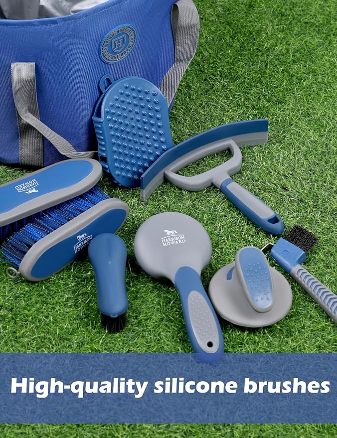 Harrison Howard Horse Grooming Kit 9 Piece with Tote, Non-Slip Silicone Grip Brush Set for Horses, Shedding Bathing Daily Care, Beginner Friendly Deep Blue