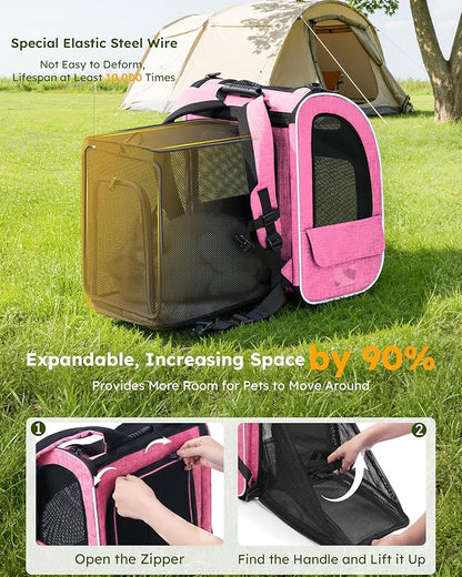 Pecute Cat Backpack Carrier Expandable, Pet Backpack for Cats & Small Dogs Up to 11lbs, with 4-Side Breathable Mesh, Multi-Entry & Lockable Zippers for Travel, Hiking, Camping - Hands Free, Pink