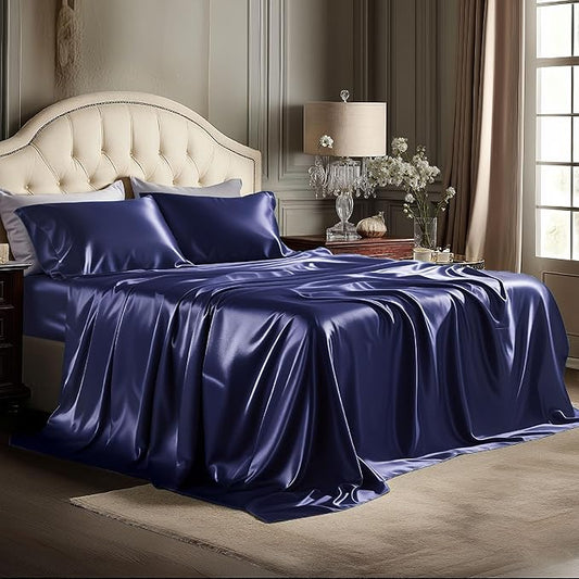 Bedsure Satin Sheets Full Size - 4 Piece Silky Bedsheets with 15 Inches Deep Pocket Fitted Bedsheet,1 Flat Sheet, 2 Satin Pillowcases, Good for Hair & Skin (Full, Navy)