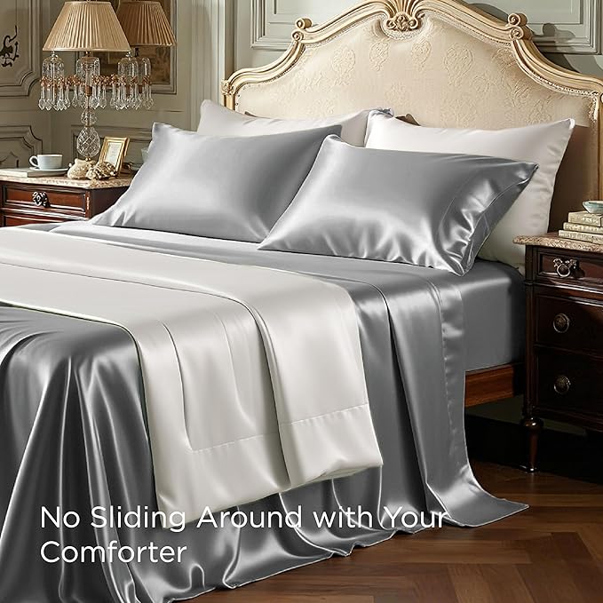 Bedsure Satin Sheets Queen Size - 4 Piece Silky Bedsheets with 15 Inches Deep Pocket Fitted Bedsheet,1 Flat Sheet, 2 Satin Pillowcases, Good for Hair & Skin (Queen, Dark Grey)