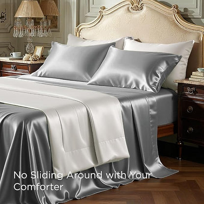Bedsure Satin Sheets Queen Size - 4 Piece Silky Bedsheets with 15 Inches Deep Pocket Fitted Bedsheet,1 Flat Sheet, 2 Satin Pillowcases, Good for Hair & Skin (Queen, Dark Grey)