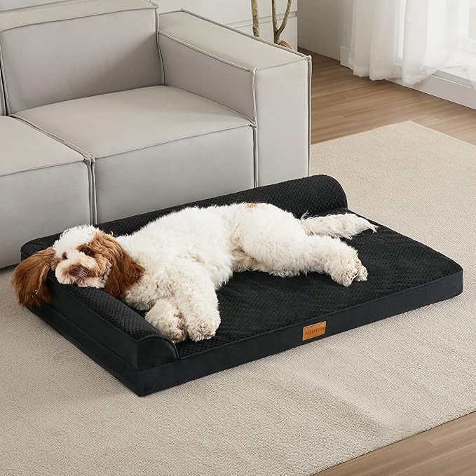 Orthopedic XL Dog Bed Large Sized Dog 48''X30'', Waterproof L Bolster Extra Large Egg Crate Foam Pet Crate Beds with Washable Removable Cover, Non-Slip Soft Pet Couch Mat, Black
